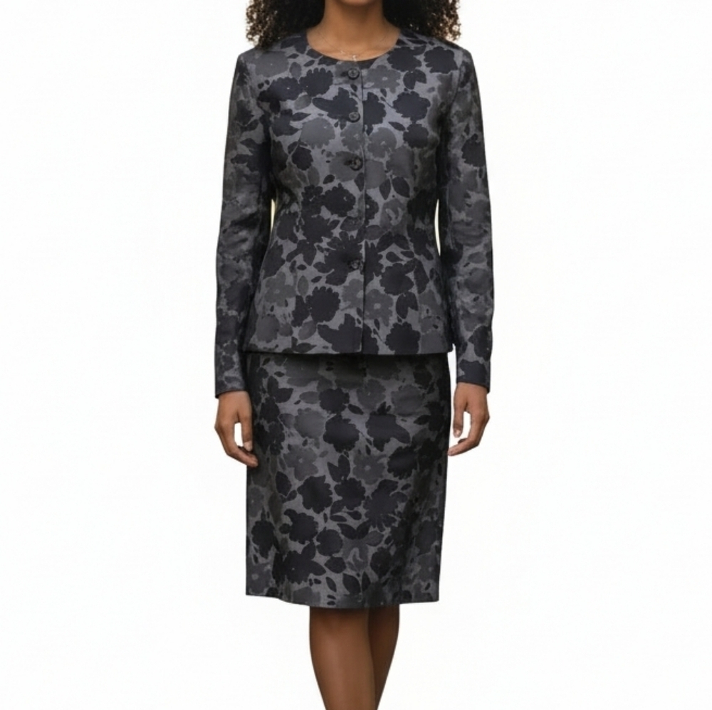 Leslie Fay Skirt Suit Size 12P Gray Floral Studded Jacket Decorative Buttons New